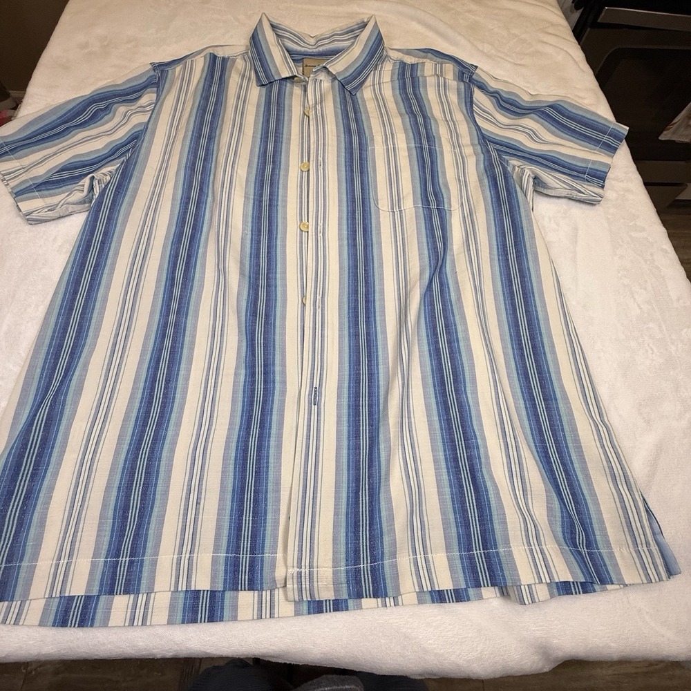 Tommy Bahama Mens XL 100% Silk Shirt Blue Stripe Short Sleeve Button Up Marlin